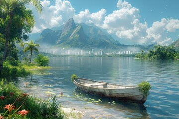 Obraz premium Scenic Mountain Lake with Rowboat Near Lush Vegetation Featuring Majestic Mountains, Tranquil Waters, and Urban Skyline in BackgroundScenic