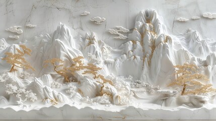 3D luxury wallpaper of a Chinese landscape with gray mountains and golden trees. Abstract art background in the style of Chinese painting, marble relief on a wall.