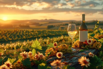 The golden sunset casts a warm glow over a picturesque vineyard with a bottle of white wine and glass amidst blooming flowers and ripe grapesvineyard