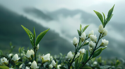 Obraz premium White tea leaves and green and white flowers
