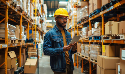 Handsome Male Worker in Hard Hat Holding Digital Tablet in Retail Warehouse Full of Shelves with Goods, Logistic & Distribution Center, Supply Chain Management