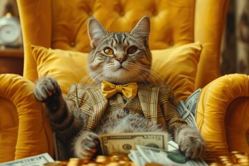 Stylish Cat Wearing Plaid Suit and Bow Tie Sitting on Luxury Armchair Surrounded by Cash and Gold Coins in a Cozy Roomcat