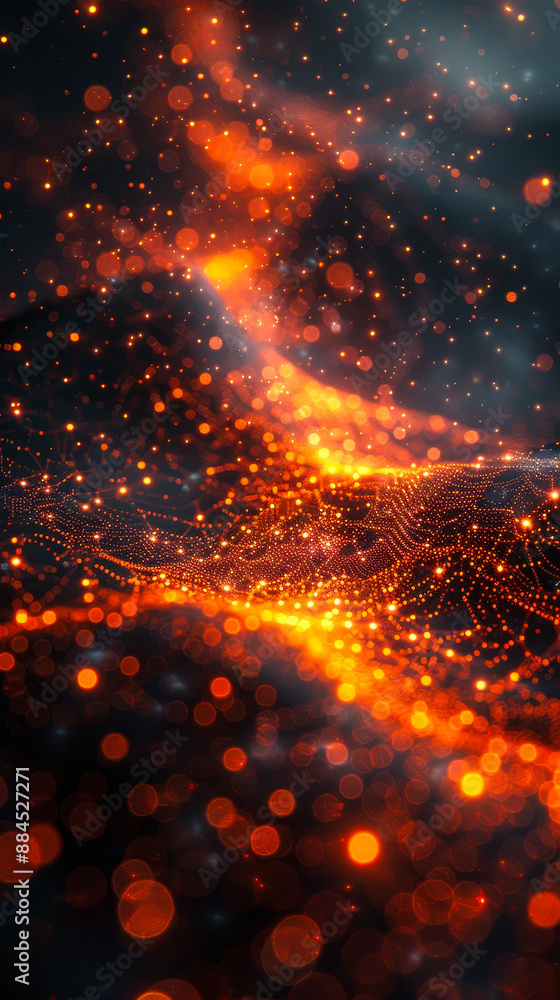 Aufkleber futuristic orange digital grid network background with glowing particles in dark 3d render, tech wal