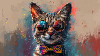 Stylish feline with reflective sunglasses and colorful bow tie against abstract artistic background displaying vibrant colors and texturesCat