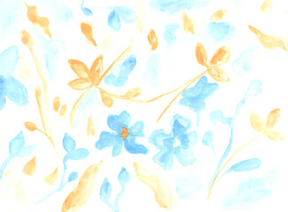 Blue and golden floral ornament, plants. Watercolor illustration, hand drawn modern freehand