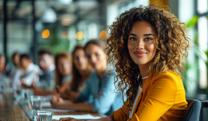 Fototapeta premium Confident Female CEO Leading Diverse Team Meeting in Modern Office Discussing Design, Marketing Strategy, Data Analysis - Inspiring Professional Business Environment