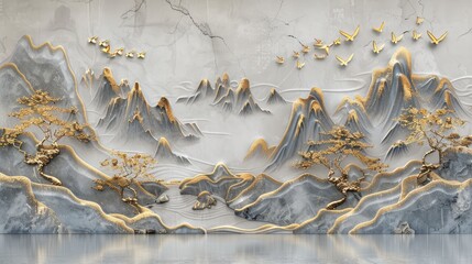 3D luxury wallpaper of a Chinese landscape with gray mountains and golden trees. Abstract art background in the style of Chinese painting, marble relief on a wall.