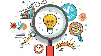 Magnifying glass focusing on a target and creativity creative light bulb objective generation of ideas and innovative solutions to achieve strategic goals.