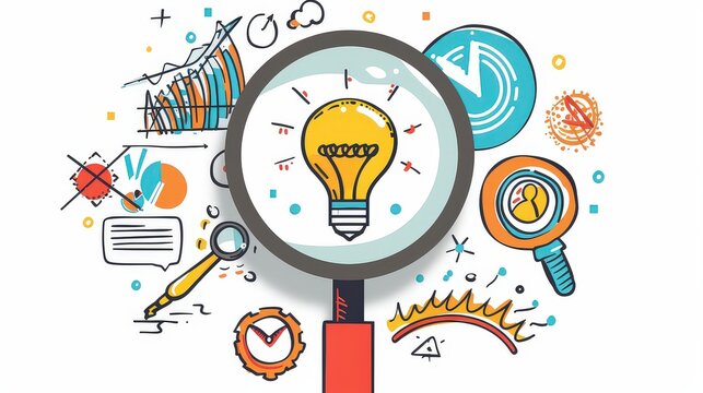 Magnifying glass focusing on a target and creativity creative light bulb objective generation of ideas and innovative solutions to achieve strategic goals.