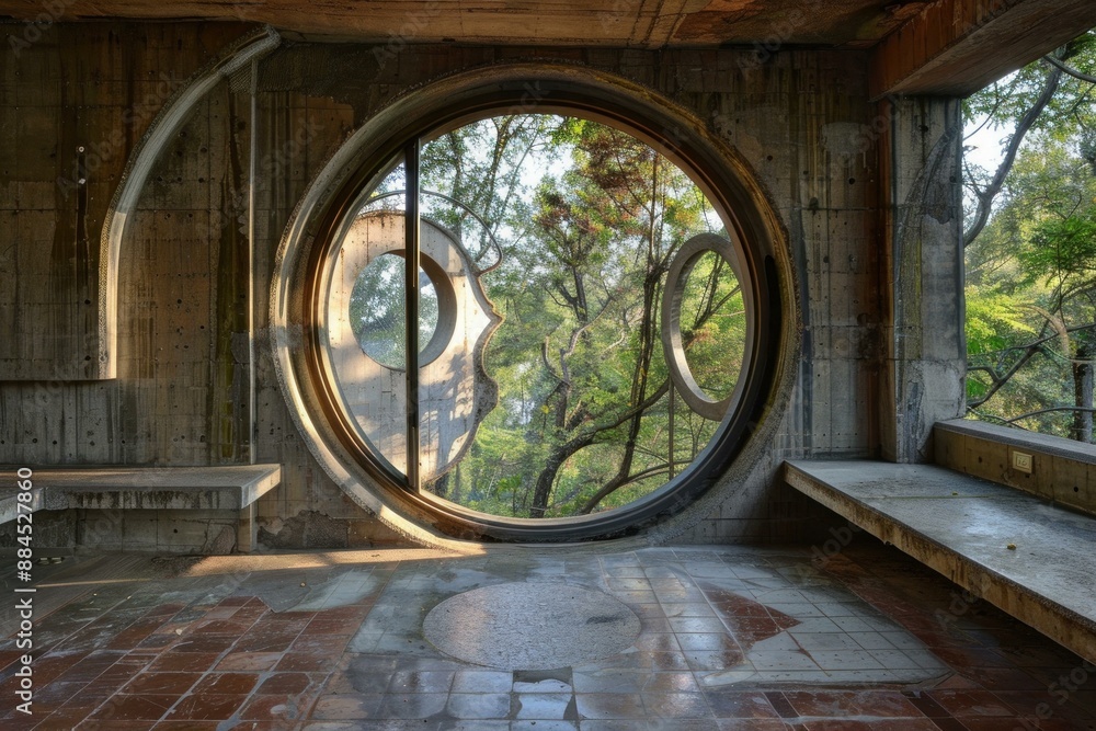 Poster the sunlight filters through an artistic circular window in an abandoned concrete structure