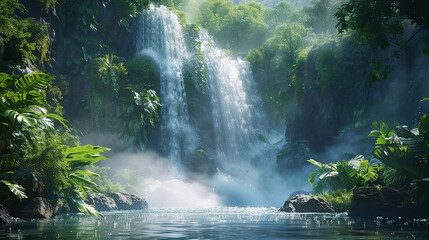 A majestic waterfall in a tropical rainforest, with lush vegetation and mist rising from the water.