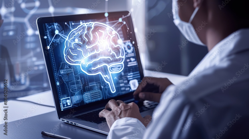 Poster person working on a laptop with a brain image displayed on the screen