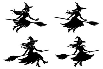 witch silhouette vector illustrations in cartoon, clipart, and line art styles. Witch Silhouette Vector Illustrations