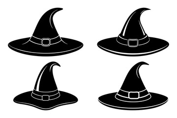 Witch hat Silhouette Vector Illustrations. Printable Halloween witch hat silhouette vector illustrations in cartoon, clipart, and line art styles.