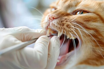 Close-up of a veterinarian examining a ginger cat's teeth with a dental tool.