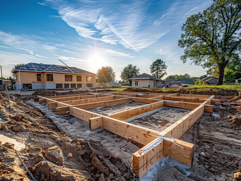 early stages of constructing a building, from laying the foundation to the first beams being erected.