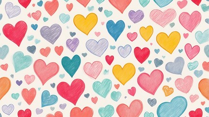 Cute and seamless love heart pattern illustration. Romantic colorful hearts background print. Valentine's day holiday background texture, romantic wedding design. watercolor, hand drawing, brush