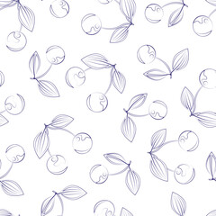 Line art cherry, blue colour, white background, vector. Seamless floral pattern-346.