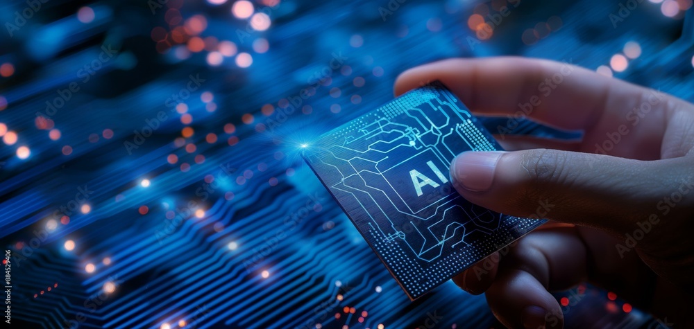 Poster a close-up of a hand holding an ai-embedded microchip against a background of blue circuit lines and