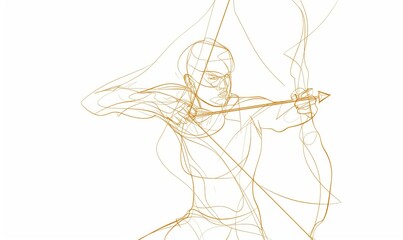 A continuous line drawing of an archer drawing a bow, rendered in simple orange lines on a white background.