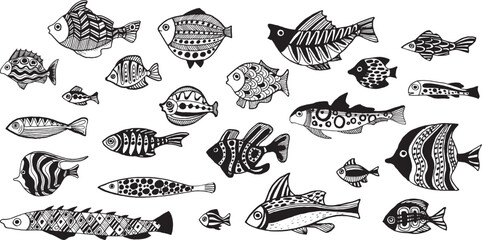 set of stylized abstract fish. Children's drawing. Doodle vector drawing