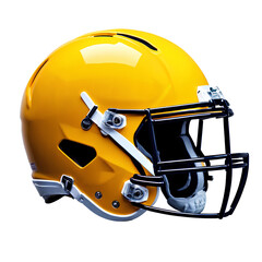 Yellow American football helmet with white and black accents on a black background.