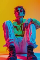 Fototapeta premium Young Man Recording Audio Drama in Neon Light