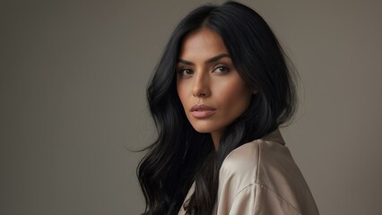 Fototapeta premium Portrait of a Young Professional Female Model with Natural Beauty and Serene Expression. Copy Space