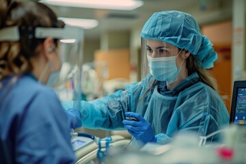 Healthcare workers in full protective gear providing patient care in a medical facility.
