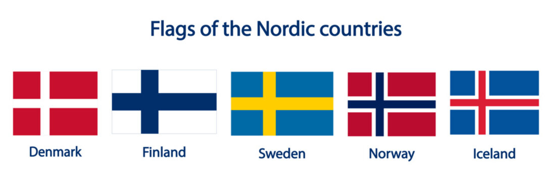 Official national flags of the Nordic countries, isolated on transparent background. Set of flags of Denmark, Finland, Sweden, Norway, Iceland. Correct proportions and colors. Vector illustration