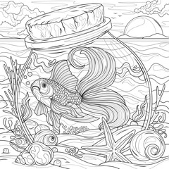 Goldfish in a jar on the seashore.Coloring book antistress for children and adults.