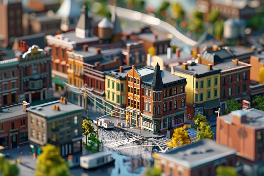 Detailed miniature model city featuring colorful buildings, streets, and a tram