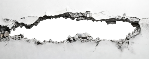 Large hole breaking through white concrete wall, cut out