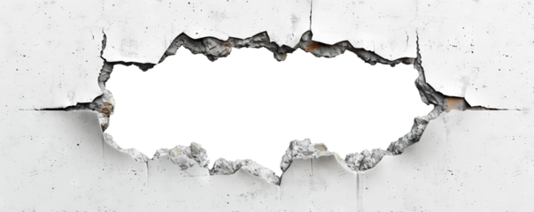 Large hole breaking through white concrete wall, cut out