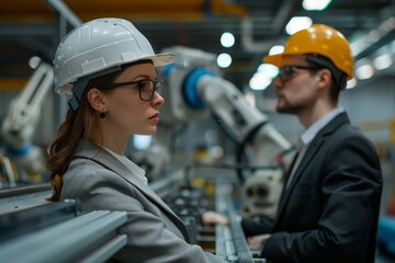 Female engineer examining a robot in a high-tech manufacturing facility.