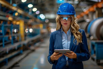 Female engineer reviewing data on a tablet in an industrial facility.