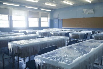 Empty classroom with desks and chairs encased in ice, illuminated by daylight
