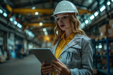 Female engineer in a factory using a tablet for inspection and project management.