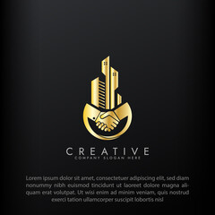 Property business golden logo with handshake vector 