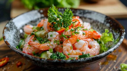 The national cuisine of Japan. Shrimp salad with vegetables. 