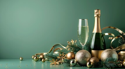 Festive Christmas background with a bottle of champagne, glasses with decorative elements, golden balls, Christmas tree and confetti. Merry Christmas and Happy New Year.