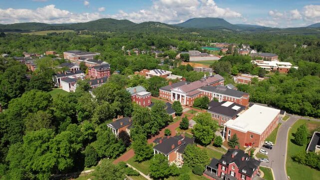 LEXINGTON - 7.5.2024 - Great aerial view moving down into the Washington and Lee University historic district.