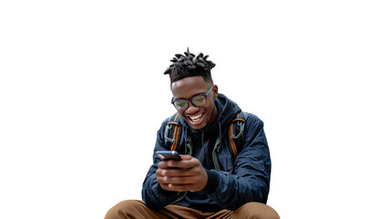 Young black teenager student smiling and looking at mobile phone, isolated on transparent background