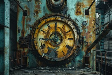 Obraz premium Vintage, rusted machine equipment with a large wheel, showcasing urban decay