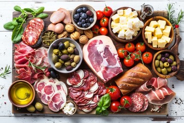 An elegant charcuterie platter with a variety of meats cheeses and accompaniments beautifully arranged for a sophisticated appetizer display