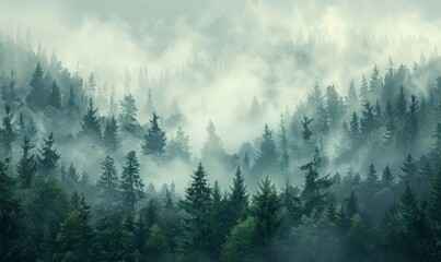 Design a flag with a misty forest, realistic photo
