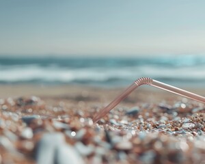 A photorealistic close-up of a single-use plastic straw, bent and discarded on a beach littered with microplastics