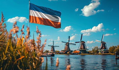 Design a flag featuring the Netherlands' windmills, realistic photo