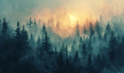 Design a flag with a misty forest, realistic photo