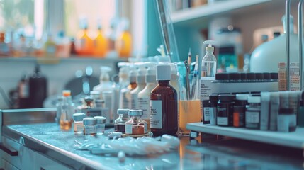 A cluttered laboratory table with various bottles, jars, and medical supplies. The image conveys a sense of scientific research and experimentation.